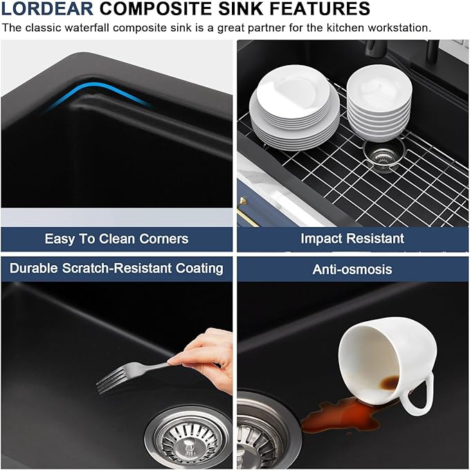 Lordear Black Waterfall Kitchen Sink Granite Composite 33x22 Drop In Kitchen Sinks Black Quartz Composite Single Bowl Multifunctional Workstation Topmount Sink with Pull Out Faucet
