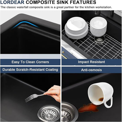 Lordear Black Waterfall Kitchen Sink Granite Composite 33x22 Drop In Kitchen Sinks Black Quartz Composite Single Bowl Multifunctional Workstation Topmount Sink with Pull Out Faucet