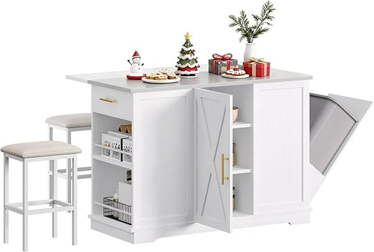 YITAHOME Kitchen Islands with Seating, 47" Mobile Storage Island with Trash Can, Rolling Kitchen Island Cart with Drop Leaf & Stainless Steel Countertop, Bar Table with 2 Stools, Spice Rack, White