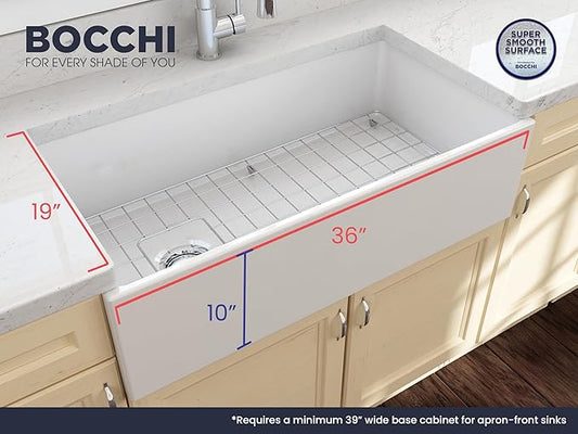 BOCCHI Contempo Farmhouse Apron Front Fireclay 36 in. Single Bowl Kitchen Sink with Protective Bottom Grid and Strainer in White