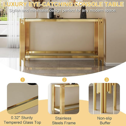 Henf Modern Glass Coffee Table Set with Storage Shlef 4 Piece Gold Living Room Tables Set Including Coffee Sofa End Tables Set,Stainless Steel Frame,Tempered Glass Top for Living Room Home Office