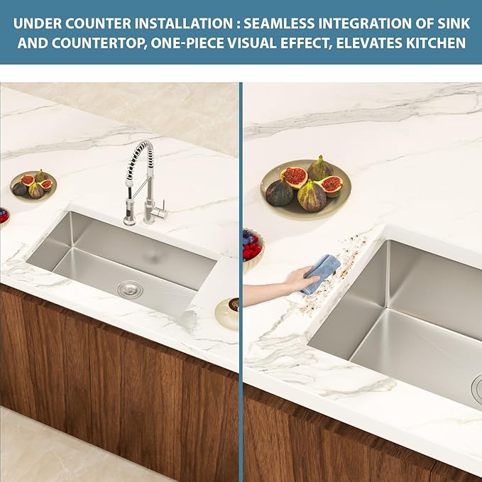 30 Inch Undermount Kitchen Sink Single Bowl 18 Guage Stainless Steel 30"x18"x9" Deep Under Counter Kitchen Sinks Basin R10 Round Corners Handmade Sink