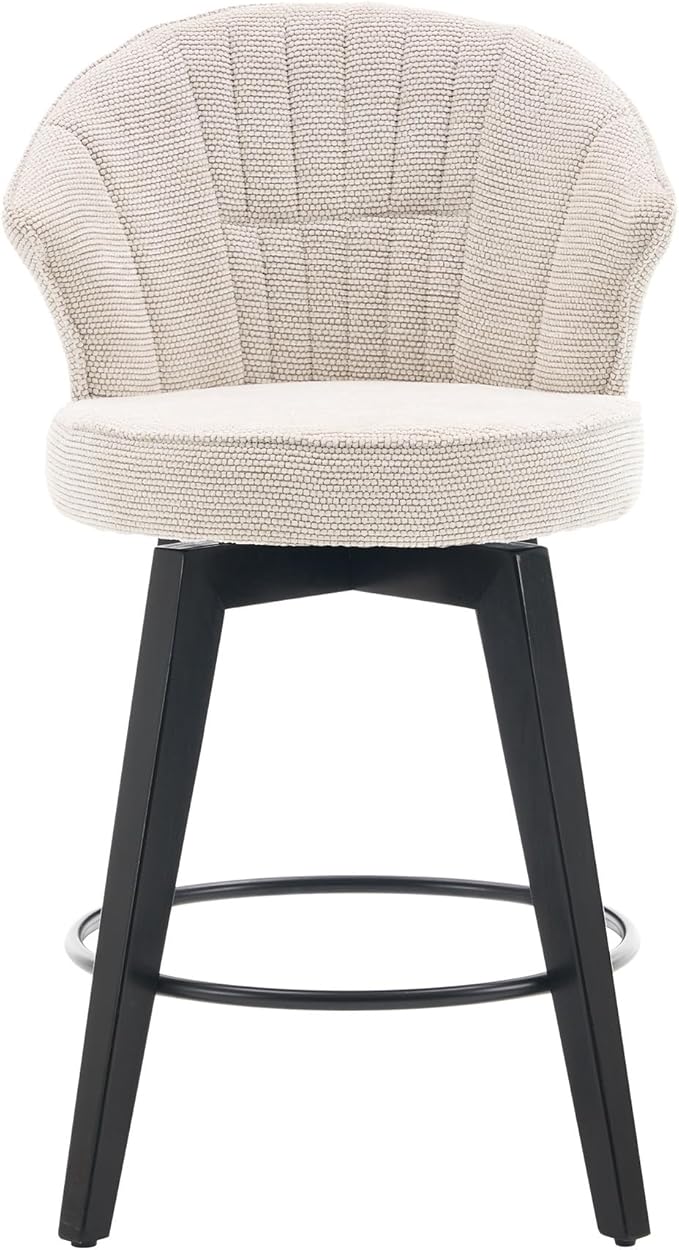 Set of 2 White Wing Back Swivel Bar Stools - 25" Counter Height, Solid Wood Legs, Stain-Resistant Chenille Upholstery, Adjustable Leveling Feet for Kitchen Island & Home Pub
