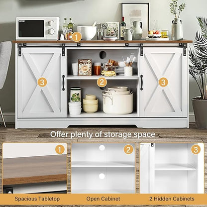 4 EVER WINNER Farmhouse Coffee Bar Cabinet, 59" Buffet Cabinet with Storage & Sliding Barn Doors, Kitchen Storage Cabinet, Coffee Station, Living Dining Room, White