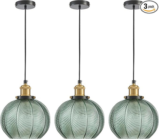 7.8in Vintage Pendant Light 3-Light Kitchen Sink Pendant Lights with Green Hand Blown Glass Small Hanging Lamp for Kitchen Island Dining Room Bedroom Bathroom Hallway E26
