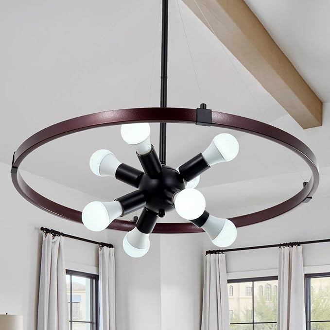 8-Light Wagon Wheel Chandelier, Modern Farmhouse Chandelier for Dining Room Light Fixture 25.5" Rustic Industrial Round Hanging Pendant Lighting for Bedroom, Living Room, Foyer, Kitchen Island