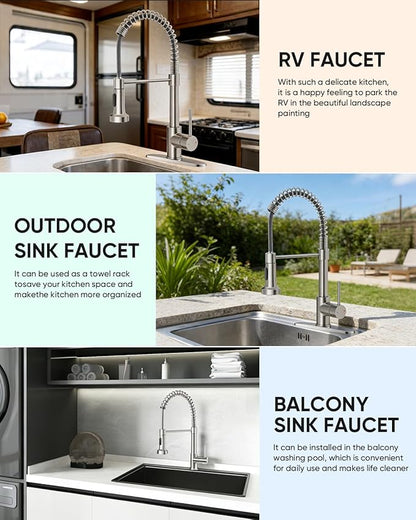 OWOFAN Kitchen Faucet with Pull Down Sprayer Industrial 1 Handle 1 Hole Or 3 Hole Faucet for Farmhouse Camper Laundry Utility Rv Wet Bar Sinks Stainless Steel Brushed Nickel