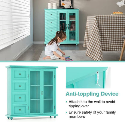 Giantex Buffet Sideboard with Storage - Kitchen Pantry Cabinet with 2 Doors, 4 Drawers, Adjustable Shelf, Freestanding Cupboard Credenza for Kitchen Living Room (Green)