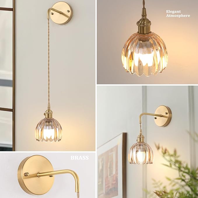 Shenmoyl Battery Operated Wall Sconce with Amber Tulip Shade Pattern Glass Adjustable Chain Retro Gold Wall Mounted Light, Modern Wall Lamp Fixtures Decor for Bedside Bedroom Indoor Doorway