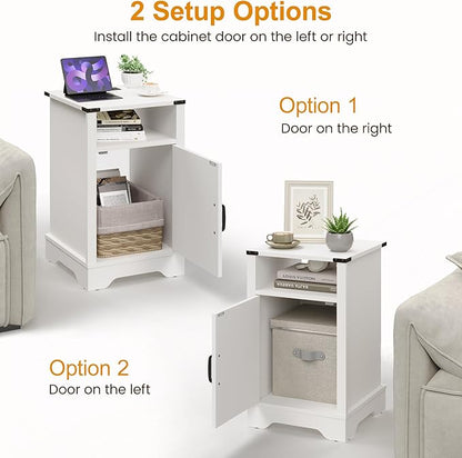 RoyalCraft 25" Tall Nightstands Set of 2, Farmhouse Nightstand with Charging Station, Large End Table with Storage, White Wood Bedside Table for Bedroom, White