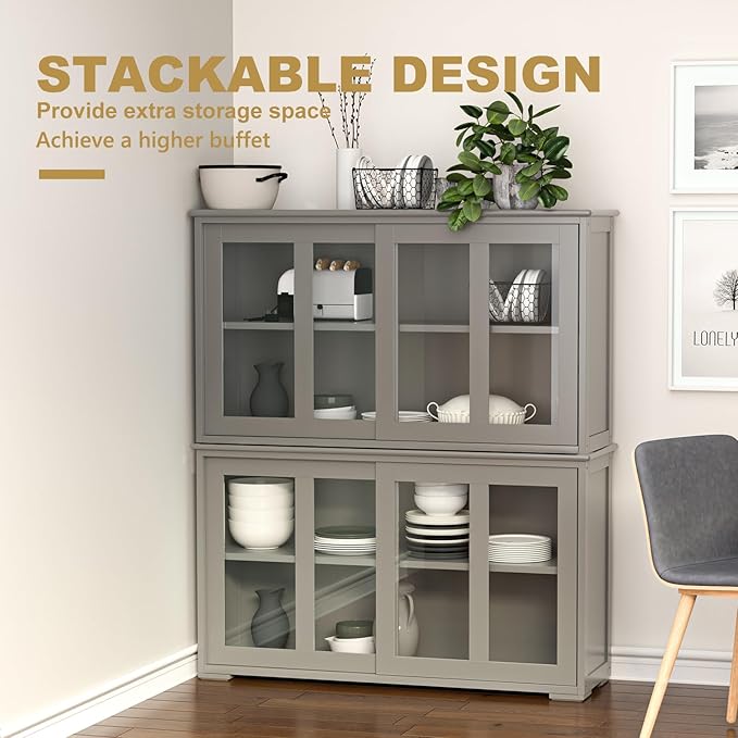 Sideboard Buffet Cabinet, Stackable Cupboard Storage Table with Adjustable Shelf & Glass Sliding Doors, Wooden Credenza Coffee Bar Cabinet for Kitchen/Dining Room/Living Room/Entryway (Grey)