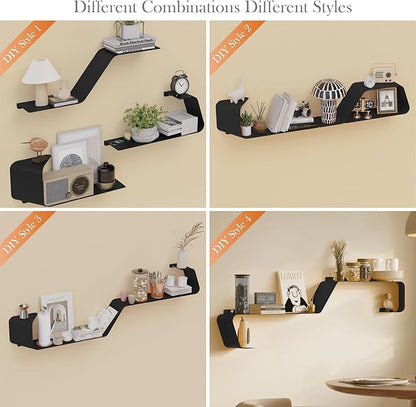 Sttoraboks Floating Shelves, Set of 3 Wall Mounted Metal Shelves with Unique Design for Wall Storage, Book Shelf, Display Shelves for Bathroom Bedroom Kitchen Living Room, Black