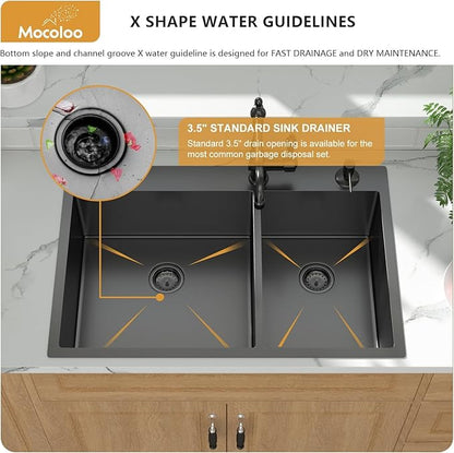 Mocoloo 33 Black Drop In Kitchen Sink 33x22 Inch Gunmetal Black Stainless Sink Double Bowl 60/40 Topmount 16 Gauge Kitchen Sink Handmade Basin