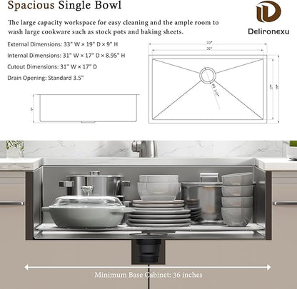 33x19 Undermount Kitchen Sink, Delironexu 33 Inch Undermount Kitchen Sink, 16 Gauge 304 Stainless Steel Single Bowl Kitchen Sink, Large 33x19 Kitchen Sink with Accessories