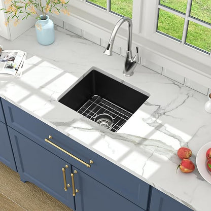 Lordear 18 Inch Black Undermount Bar Sink Granite Composite Quartz Single Bowl RV Camper Outdoor Under Counter Kitchen Sinks Basin