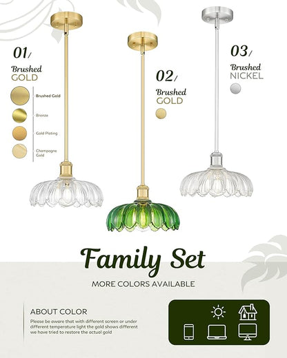 FEMILA 2 Pack Vintage Light Fixtures, Flower Green Glass Pendant Lights Kitchen Island, Brushed Gold Antique Chandelier, Hanging Light Fixture for Bedroom Hotel Living Room, 4FJX82MIL-2PK BG-G