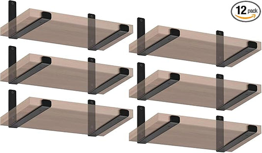 12 Pack - 9.25" L x 6" H x 1.5" W J Lip Shelf Brackets Rustic Farmhouse Iron Wall Floating Shelf Bracket Metal Shelf Bracket Industrial Shelf Supports with Screws Black