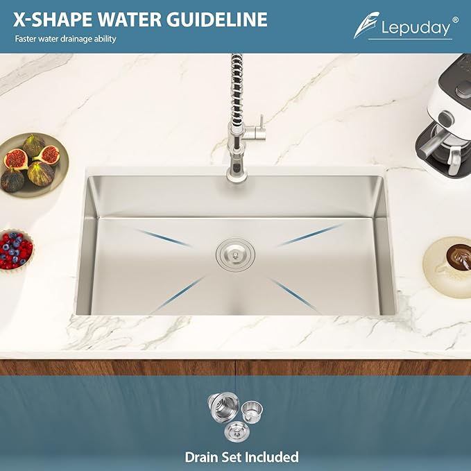 32 Inch Undermount Kitchen Sink Single Bowl 18 Guage Stainless Steel 32"x19"x9" Deep Under Counter Kitchen Sinks Basin R10 Round Corners Handmade Sink