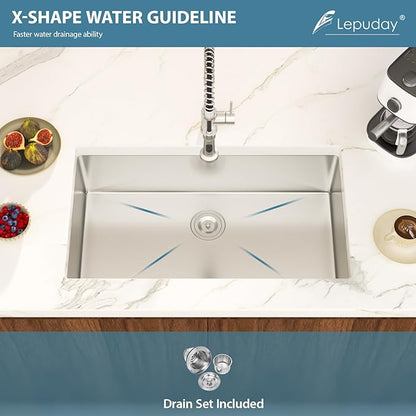 32 Inch Undermount Kitchen Sink Single Bowl 18 Guage Stainless Steel 32"x19"x9" Deep Under Counter Kitchen Sinks Basin R10 Round Corners Handmade Sink