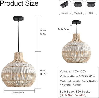 15" Rattan Pendant Light Fixture,3-Light Hand-Woven White Wicker Basket Chandelier Boho Faux Rattan Hanging Lamp,for Dining Living Bedroom Kitchen1-Pack