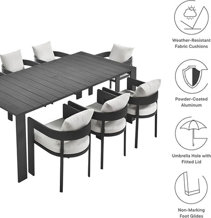 Modway Tahoe Outdoor Patio Powder-Coated Aluminum 9-Piece Dining Set in Gray White - Rectangular Patio Furniture Set for 8 - Outside Table with Umbrella Hole and Cushioned Chairs - Modern Patio Set