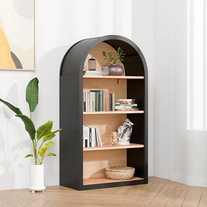Ball & Cast 43" Tall Arched Storage Cabinet,Modern 4-Tier Wooden Display Cabinet with Open Shelves,Versatile Floor Bookcase Cabinet Organizer for Library,Living Room, Office, Black