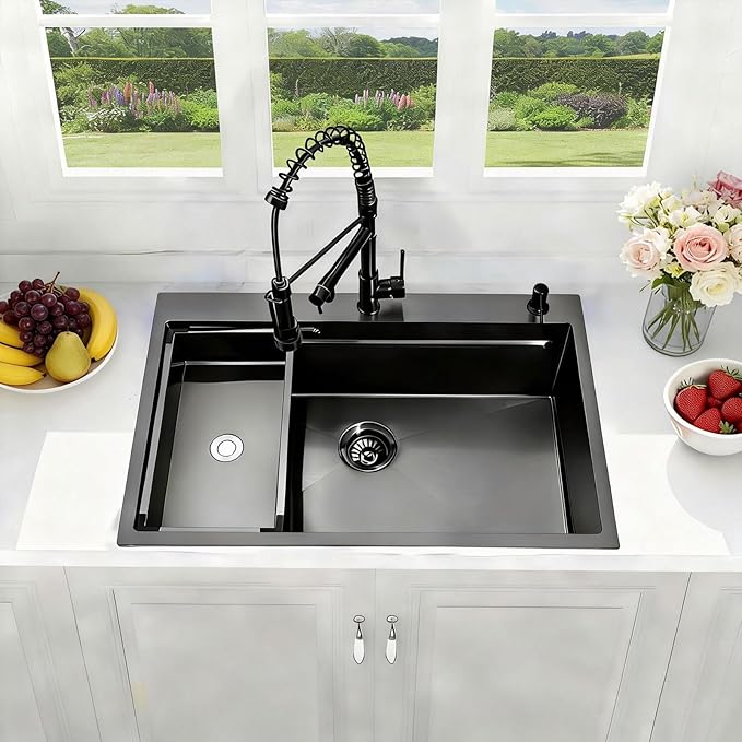 Black Kitchen Sink Modern 33x22 Drop In Kitchen Sink with Faucet Large Gunmetal Black Stainless Steel Sink Single Bowl Workstation Top Mount Kitchen Sinks