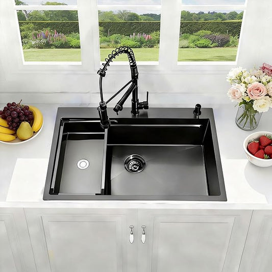 Black Kitchen Sink Modern 33x22 Drop In Kitchen Sink with Faucet Large Gunmetal Black Stainless Steel Sink Single Bowl Workstation Top Mount Kitchen Sinks