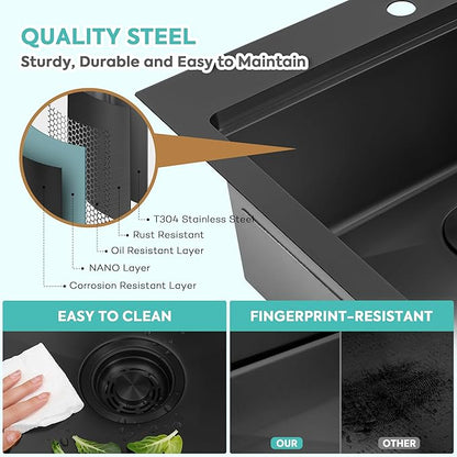 Rhbamoa Black Kitchen Sink,31 Inch Black Drop in Kitchen Sink Single Bowl,16 Gauge T304 Stainless Steel Workstation Sinks,10 Inch Deep Topmount Sinks with All Accessories