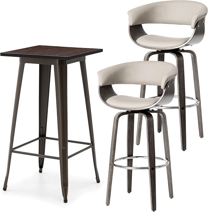 Glitzhome Bar Table and Chairs, Gray PU Leather Adjustable Swivel Bar Stools Set of 2, Square Rustic Cocktail Pub Table for Kitchen Island Bistro Office Living Room Dining Room Small Space