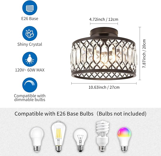 ANWIO Crystal Black Ceiling Light Fixture, Modern Semi Flush Mount Ceiling Light, Crystal Chandelier for Kitchen Bedroom Bathroom Entryway, 10.63inch