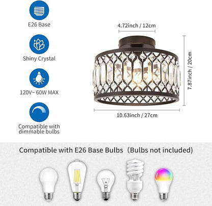 ANWIO Crystal Black Ceiling Light Fixture, Modern Semi Flush Mount Ceiling Light, Crystal Chandelier for Kitchen Bedroom Bathroom Entryway, 10.63inch