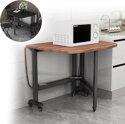 Solid Wooden Foldable Kitchen Table with 6 Wheels, Solid Wooden Foldable Kitchen Table with Carbon Steel Pipe Bracket, Space Saving Butterfly Drop Leaf, Versatile Collapsible Extendable Table(Natural,