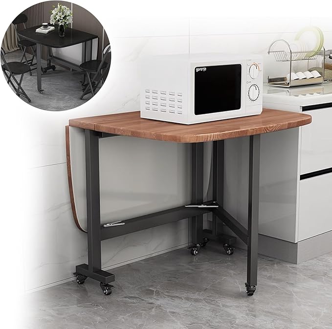 Solid Wooden Foldable Kitchen Table with 6 Wheels, Solid Wooden Foldable Kitchen Table with Carbon Steel Pipe Bracket, Space Saving Butterfly Drop Leaf, Versatile Collapsible Extendable Table(Brown,47