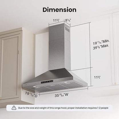 VIKIO HOME Wall Mount 36 Inch Range Hood 900 CFM, Ductless/Ducted Convertible Kitchen Hood, 3-speed Gesture Sensing & Touch Control, Stainless Steel Kitchen Vent Hood with Permanent Baffle Filters