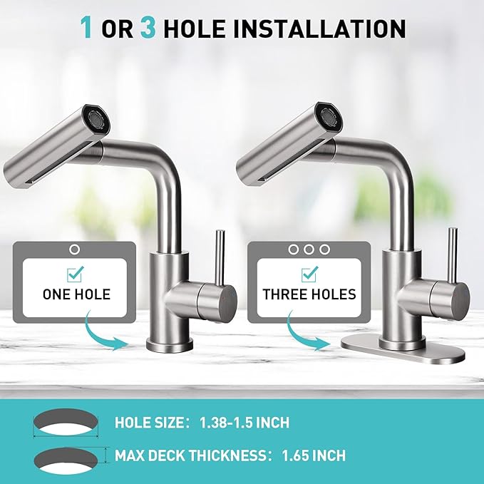 Bathroom Sink Faucet with 4 Mode Pull Down Sprayer, Brushed Nickel Single Handle Pull Out Faucet with Pop-Up Drain, 1 or 3 Hole Laundry Bar Basin Faucet with Deck Plate