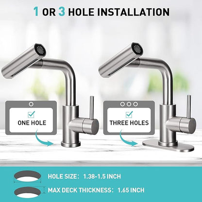 Bathroom Sink Faucet with 4 Mode Pull Down Sprayer, Brushed Nickel Single Handle Pull Out Faucet with Pop-Up Drain, 1 or 3 Hole Laundry Bar Basin Faucet with Deck Plate