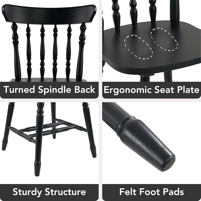 chairus Vintage Black Dining Chairs Set of 4, Farmhouse Windsor Wooden Dining Room Chairs with Turned Spindle Back & Legs, Traditional Colonial Armless Side Kitchen Chairs