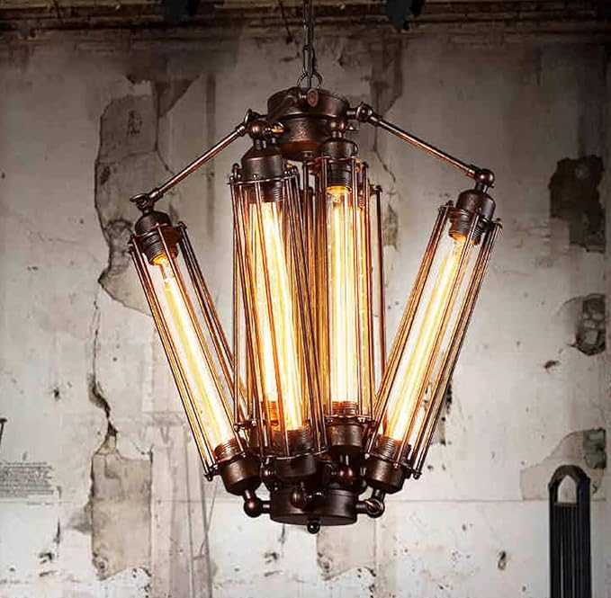 Industrial Metal Chandelier, 8 Lights Retro Chandelier Vintage Steampunk Style Pendant Light Loft Ceiling Fixture Pendant Hanging Lamp Geometric Structure Ceiling Lamp for Kitchen Living Room Bar