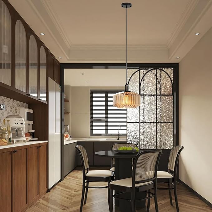 Glass Globe Pendant Light fixtures 1-Lights Black Mid Century Modern Pendant Lights with Amber Hand Blown Glass Shade Ceiling Hanging Lighting for Dining Room Kitchen Ceiling Hanging Light