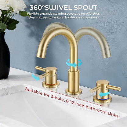FGKQ Bathroom Faucet for Sink 3 Hole Brushed Glod, Bathroom Sink Faucet with Pop Up Drain, 8 Inch Widespread Vanity 3 Hole, 360° Swivel Two Handle with Supply Lines