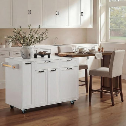 Kitchen Island with Extendable Dining Table, Rolling Kitchen Cart with Drawers and Trash Storage Cabinet, Island Mobile Dining Table on Wheels with 3-Tier Pull-Out Spice Rack for Small Space White