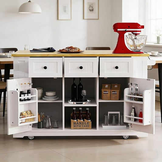 Rolling Kitchen Island with Storage, Farmhouse Kitchen Cart with Natural Wood Countertop, Lockable Wheels, Spice Rack & Towel Bar, White Mobile Island Table.