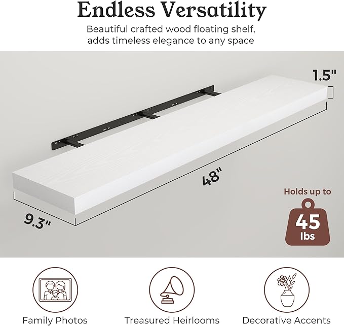 Floating Shelves for Wall, 9.3" Deep Wall Mounted Wood Shelves for Bathroom, Bedroom (White, 48)