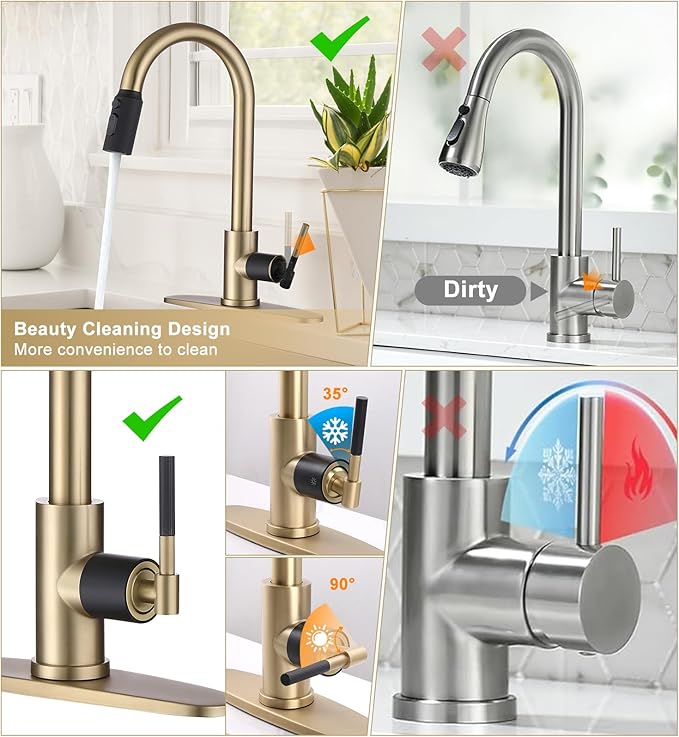 Kitchen Faucet with Pull Down Sprayer, Brushed Gold High Arc Stainless Steel Single Handle Kitchen Sink Faucet, 3 Spray Modes Metal Head, 1 Hole or 3 Hole Installation for Farmhouse