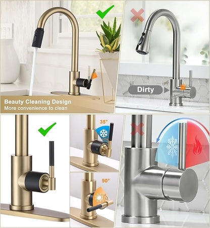 Kitchen Faucet with Pull Down Sprayer, Brushed Gold High Arc Stainless Steel Single Handle Kitchen Sink Faucet, 3 Spray Modes Metal Head, 1 Hole or 3 Hole Installation for Farmhouse