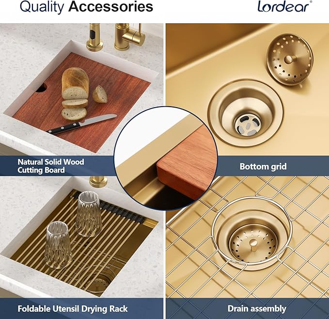 Lordear Gold Undermount Bar Sink 15x18x9 Inch Kitchen Sink Workstation 16 Gauge Stainless Steel Small Single Bowl Bar Prep Rv Island Sink