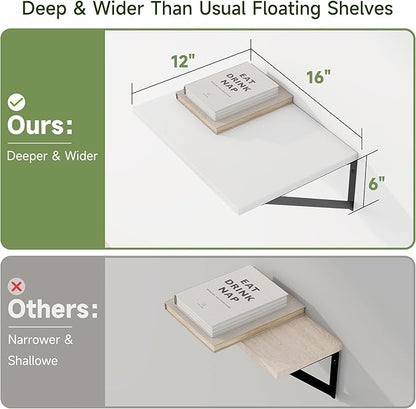 Heimlove 12 Inch Deep Floating Shelves for Wall, 16W x 12D Wide White Floating Shelves Heavy Duty Wall Mounted Shelves, Wood Shelves for Living Room Bedroom Bathroom Kitchen- Set of 4