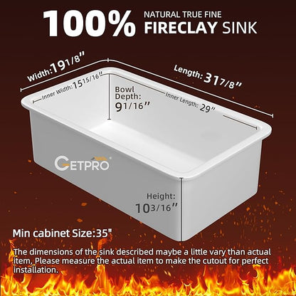 GETPRO White Undermount Kitchen Sink 32 inch Fireclay Farm Sink Drop in 32X19 Dual Mount Farmhouse Single Bowl Topmount Deep Basin with Accessory Easy to Clean for Bar, Kitchen, Laundry