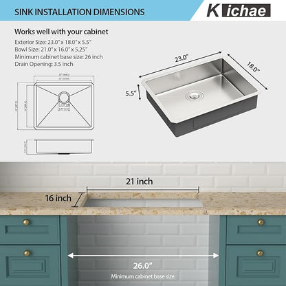 Kichae 23 Inch Undermount Kitchen Sink - Stainless Steel Sinks 16 Gauge Single Bowl 5" Small Shallow Kitchen Sink Round Corner Handmade Basin